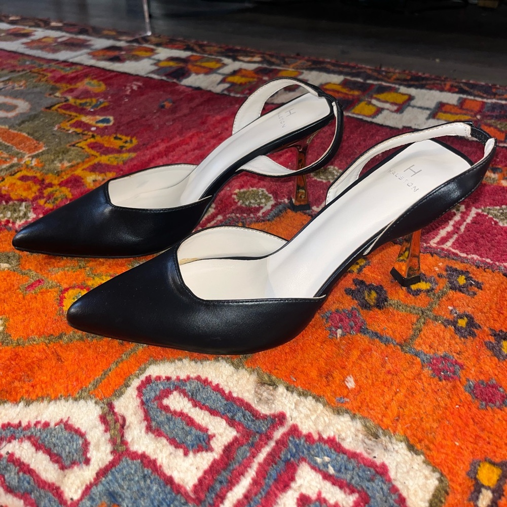 Halston Heritage Black and Gold Slingback Heels
